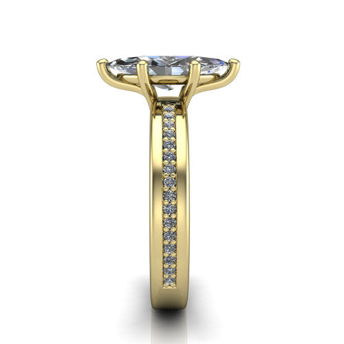 Kamala marquise classic solitaire engagement ring in 14K Yellow Gold, side profile showing the wide channel-set pavé band with high-polish edges and the open basket