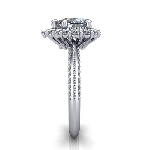Lily heart vintage double halo engagement ring in Platinum, side profile showing the pavé split shank with milgrain and the stacked squared halo in profile