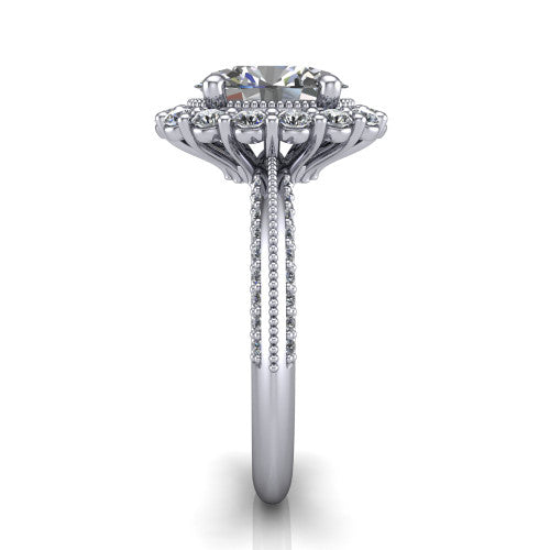 Lily oval vintage double halo engagement ring in Platinum, side profile showing the pavé split shank with milgrain and the stacked squared halo in profile