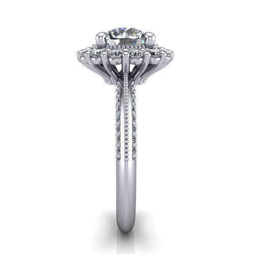 Lily round vintage double halo engagement ring in 14K White Gold, side profile showing the pavé split shank with milgrain and the stacked squared halo in profile
