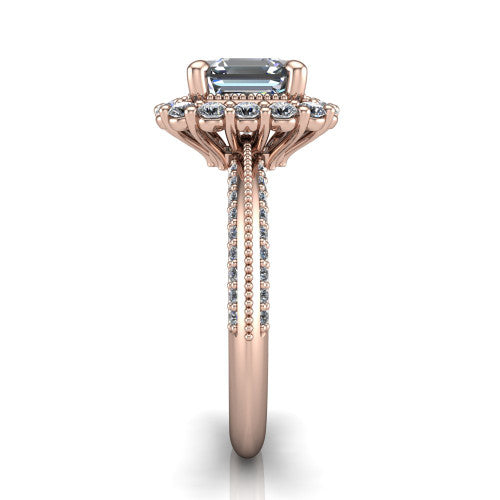 Lily square emerald vintage double halo engagement ring in 18K Rose Gold, side profile showing the pavé split shank with milgrain and the stacked squared halo in profile