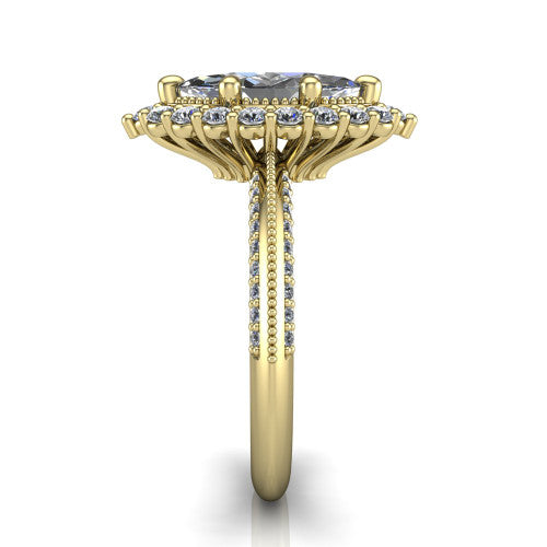 Lily marquise vintage double halo engagement ring in 18K Yellow Gold, side profile showing the pavé split shank with milgrain and the stacked squared halo in profile