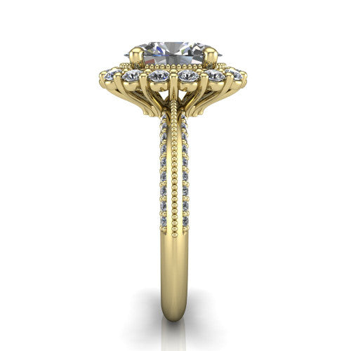 Lily oval vintage double halo engagement ring in 14K Yellow Gold, side profile showing the pavé split shank with milgrain and the stacked squared halo in profile