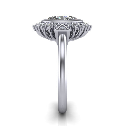Aubrey oval halo engagement ring in 14K White Gold with bezel center and vintage sunburst halo, side profile showing the plain band and raised halo gallery