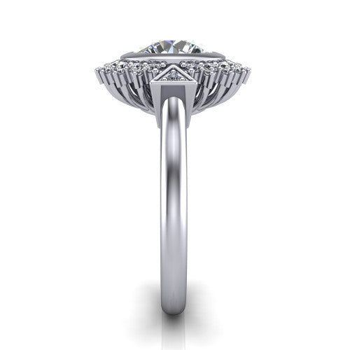 Aubrey round halo engagement ring in Platinum with bezel center and vintage sunburst halo, side profile showing the plain band and raised halo gallery