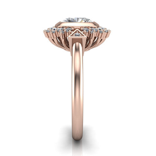 Aubrey cushion halo engagement ring in 14K Rose Gold with bezel center and vintage sunburst halo, side profile showing the plain band and raised halo gallery