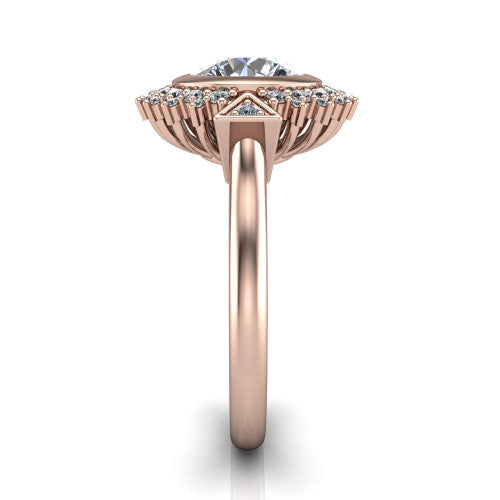 Aubrey round halo engagement ring in 18K Rose Gold with bezel center and vintage sunburst halo, side profile showing the plain band and raised halo gallery
