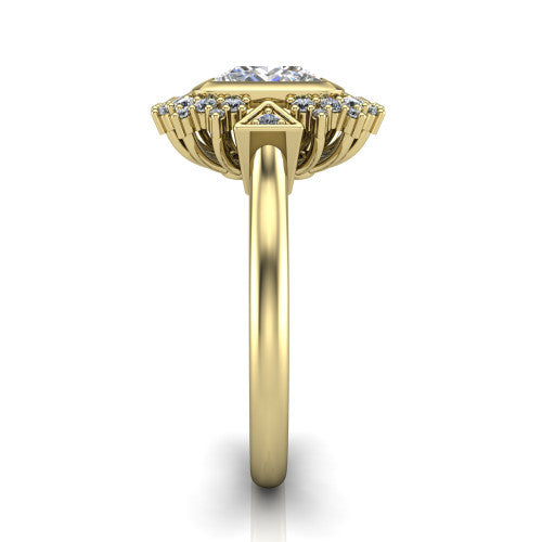 Aubrey princess halo engagement ring in 18K Yellow Gold with bezel center and vintage sunburst halo, side profile showing the plain band and raised halo gallery