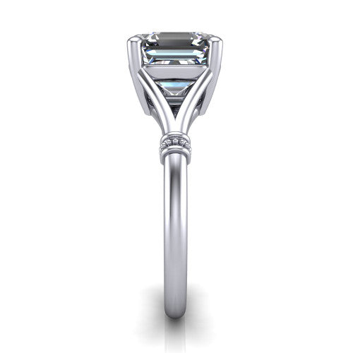 Luna square emerald classic solitaire engagement ring in 18K White Gold, side profile showing the plain split shank with pavé accent collars rising to the square emerald center