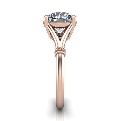 Luna round classic solitaire engagement ring in 14K Rose Gold, side profile showing the plain split shank with pavé accent collars rising to the round center