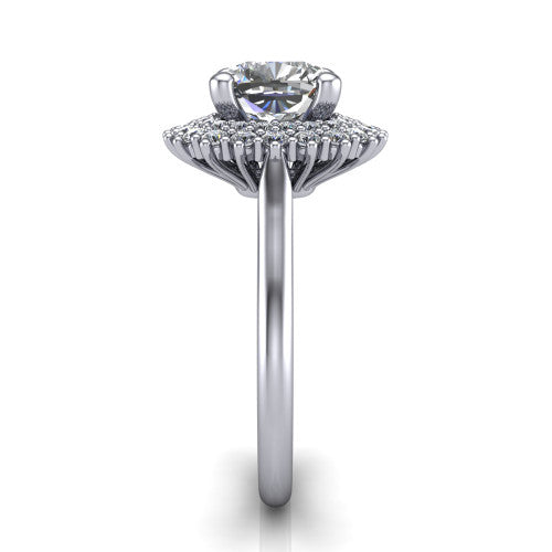 Camila cushion halo engagement ring in Platinum with cushion-shaped double halo, side profile showing the plain cathedral band and raised double halo