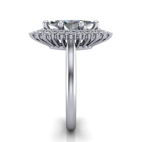 Camila marquise halo engagement ring in Platinum with cushion-shaped double halo, side profile showing the plain cathedral band and raised double halo