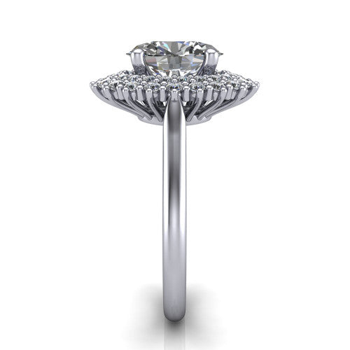 Camila oval halo engagement ring in 14K White Gold with cushion-shaped double halo, side profile showing the plain cathedral band and raised double halo