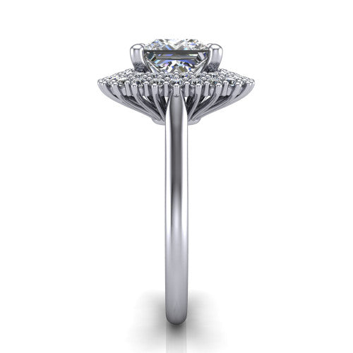 Camila princess halo engagement ring in 14K White Gold with cushion-shaped double halo, side profile showing the plain cathedral band and raised double halo