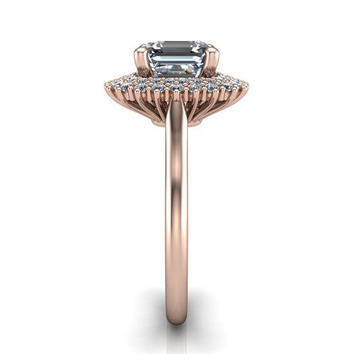 Camila asscher halo engagement ring in 18K Rose Gold with cushion-shaped double halo, side profile showing the plain cathedral band and raised double halo