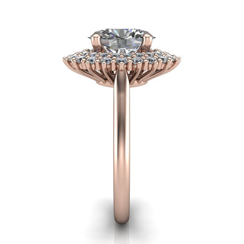 Camila oval halo engagement ring in 18K Rose Gold with cushion-shaped double halo, side profile showing the plain cathedral band and raised double halo