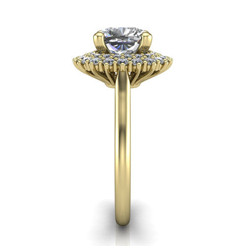 Camila cushion halo engagement ring in 18K Yellow Gold with cushion-shaped double halo, side profile showing the plain cathedral band and raised double halo