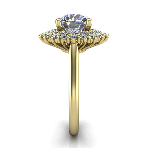 Camila round halo engagement ring in 14K Yellow Gold with cushion-shaped double halo, side profile showing the plain cathedral band and raised double halo