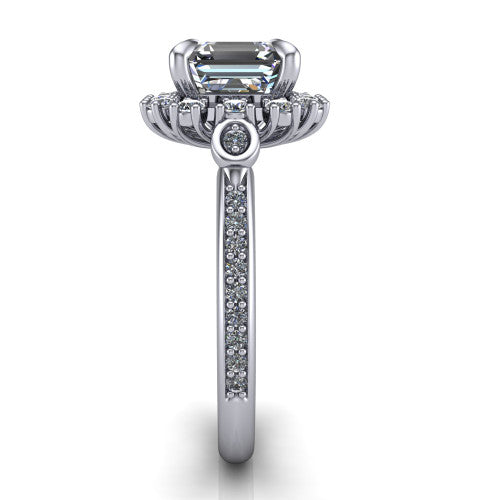 Victoria Square Emerald Shape Halo Engagement Ring in Platinum