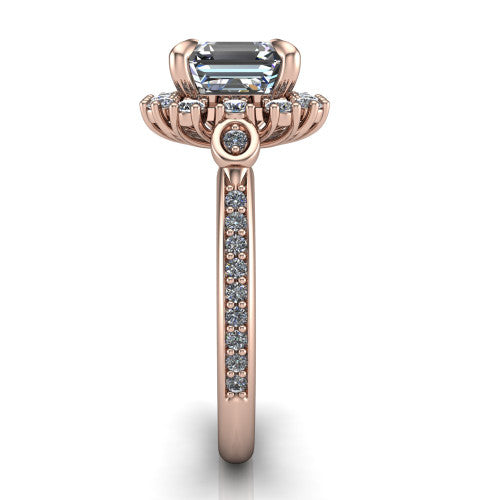 Victoria Square Emerald Shape Halo Engagement Ring in 14K Rose Gold
