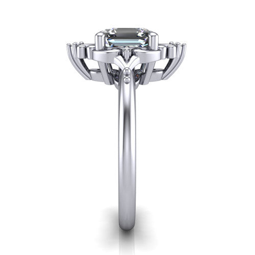Hazel square emerald vintage filigree engagement ring in 14K White Gold, side profile showing the filigree scrollwork, diamond side accents, and plain band in profile