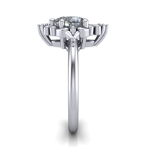 Hazel heart vintage filigree engagement ring in Platinum, side profile showing the filigree scrollwork, diamond side accents, and plain band in profile