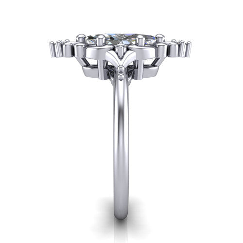 Hazel marquise vintage filigree engagement ring in 18K White Gold, side profile showing the filigree scrollwork, diamond side accents, and plain band in profile