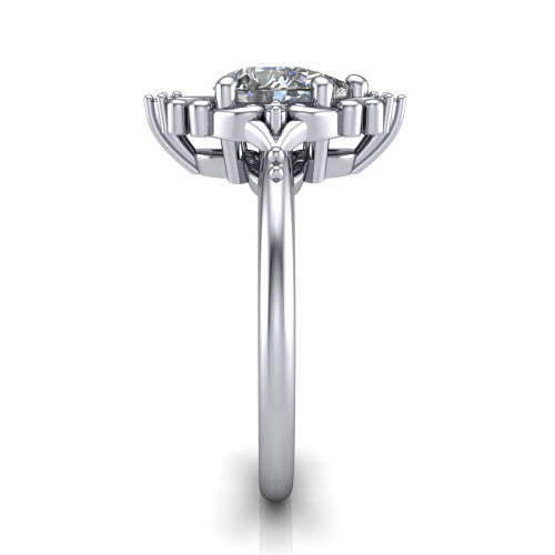 Hazel pear vintage filigree engagement ring in 18K White Gold, side profile showing the filigree scrollwork, diamond side accents, and plain band in profile