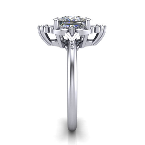 Hazel princess vintage filigree engagement ring in 18K White Gold, side profile showing the filigree scrollwork, diamond side accents, and plain band in profile