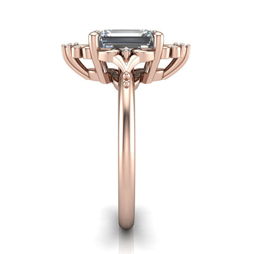 Hazel emerald vintage filigree engagement ring in 14K Rose Gold, side profile showing the filigree scrollwork, diamond side accents, and plain band in profile