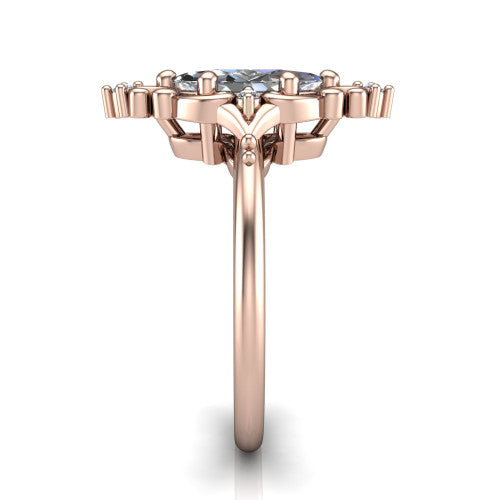 Hazel marquise vintage filigree engagement ring in 18K Rose Gold, side profile showing the filigree scrollwork, diamond side accents, and plain band in profile