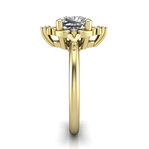 Hazel cushion vintage filigree engagement ring in 18K Yellow Gold, side profile showing the filigree scrollwork, diamond side accents, and plain band in profile