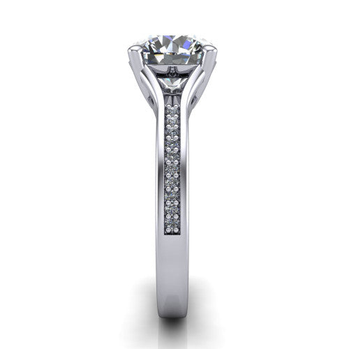 Isla round classic solitaire engagement ring in 14K White Gold, side profile showing the channel-set pavé split shank with polished edges rising to the round center
