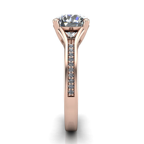 Isla round classic solitaire engagement ring in 18K Rose Gold, side profile showing the channel-set pavé split shank with polished edges rising to the round center