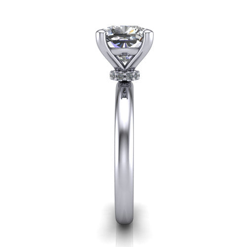 Delilah cushion hidden halo engagement ring in 18K White Gold, side profile showing the hidden pavé halo collar and the plain polished band in profile