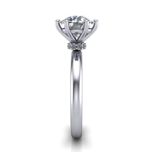 Delilah round hidden halo engagement ring in Platinum, side profile showing the hidden pavé halo collar and the plain polished band in profile
