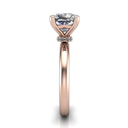 Delilah cushion hidden halo engagement ring in 18K Rose Gold, side profile showing the hidden pavé halo collar and the plain polished band in profile