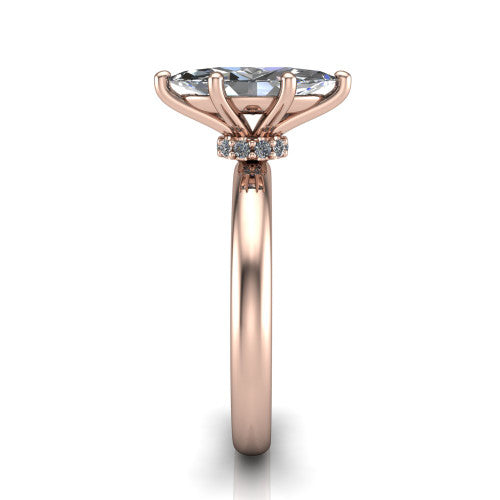 Delilah marquise hidden halo engagement ring in 14K Rose Gold, side profile showing the hidden pavé halo collar and the plain polished band in profile