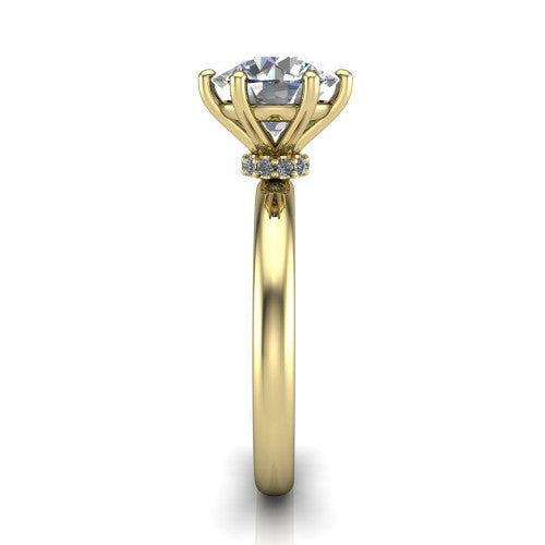 Delilah round hidden halo engagement ring in 18K Yellow Gold, side profile showing the hidden pavé halo collar and the plain polished band in profile