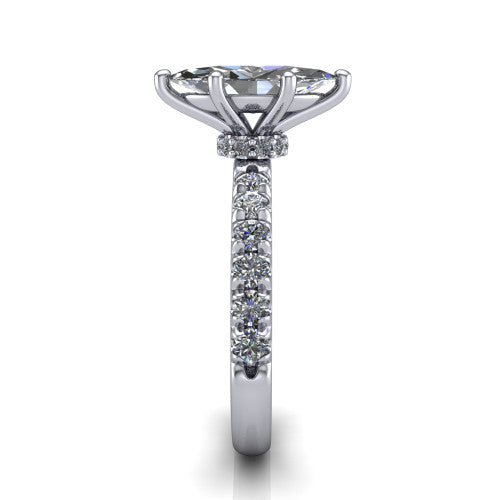 Gabriella marquise hidden halo engagement ring in Platinum, side profile showing the hidden pavé halo collar and the pavé band in profile