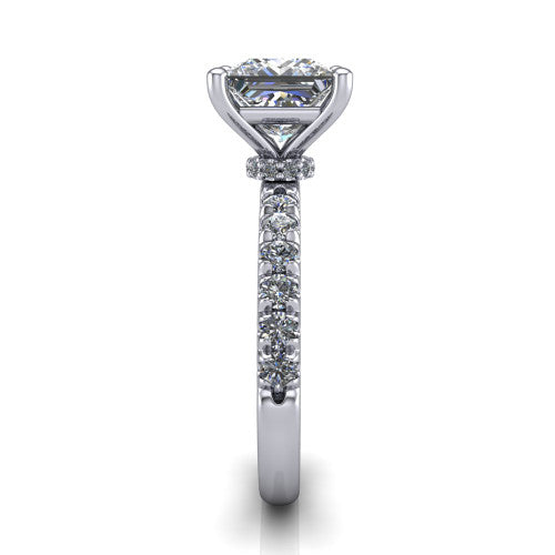 Gabriella princess hidden halo engagement ring in Platinum, side profile showing the hidden pavé halo collar and the pavé band in profile