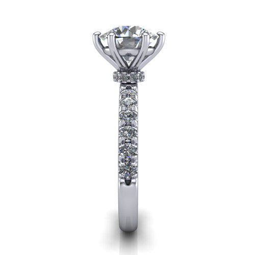 Gabriella round hidden halo engagement ring in Platinum, side profile showing the hidden pavé halo collar and the pavé band in profile