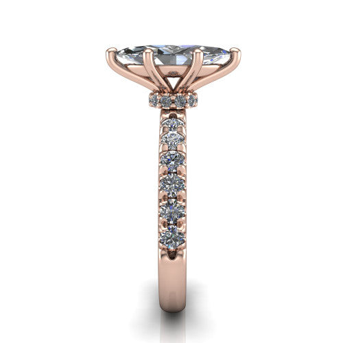 Gabriella marquise hidden halo engagement ring in 18K Rose Gold, side profile showing the hidden pavé halo collar and the pavé band in profile