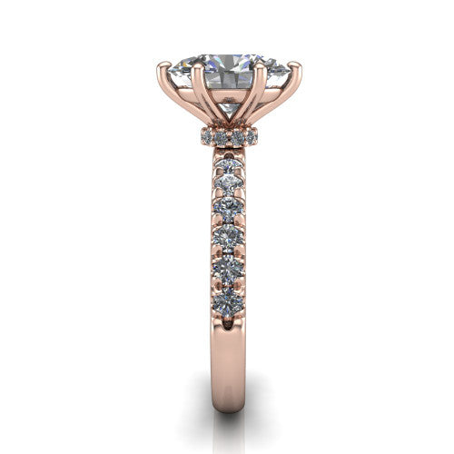 Gabriella oval hidden halo engagement ring in 18K Rose Gold, side profile showing the hidden pavé halo collar and the pavé band in profile