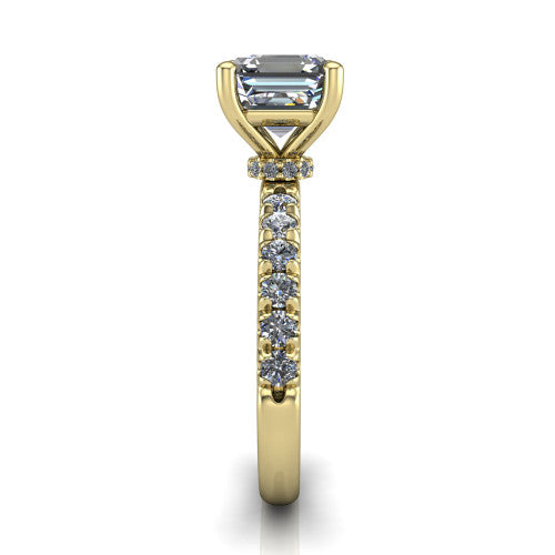 Gabriella emerald hidden halo engagement ring in 14K Yellow Gold, side profile showing the hidden pavé halo collar and the pavé band in profile