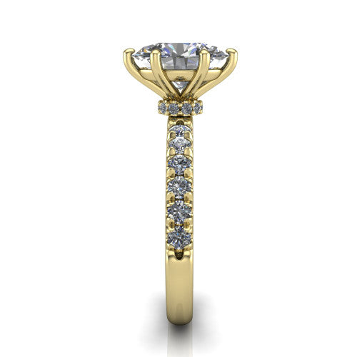 Gabriella oval hidden halo engagement ring in 18K Yellow Gold, side profile showing the hidden pavé halo collar and the pavé band in profile