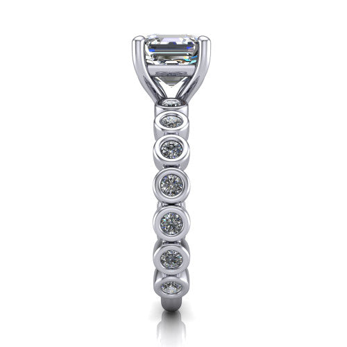 Kinsley asscher solitaire engagement ring in Platinum with bezel-set diamond accent band, side profile showing the bezel-set diamond shank