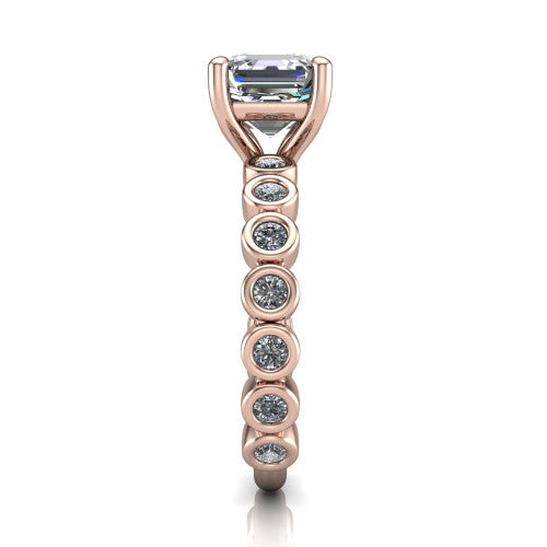 Kinsley asscher solitaire engagement ring in 14K Rose Gold with bezel-set diamond accent band, side profile showing the bezel-set diamond shank