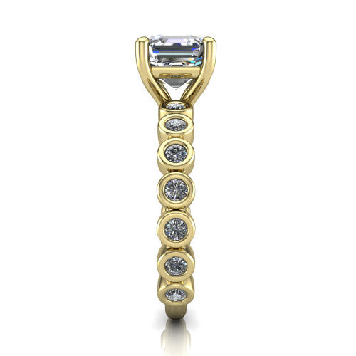 Kinsley asscher solitaire engagement ring in 14K Yellow Gold with bezel-set diamond accent band, side profile showing the bezel-set diamond shank