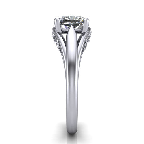 Lucy cushion solitaire engagement ring in Platinum with pavé split shank and filigree gallery, side profile showing the pavé split shank and filigree under-bridge